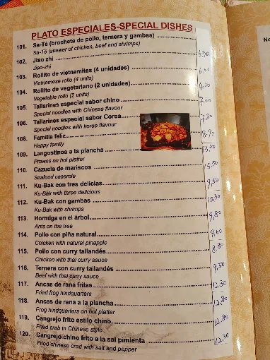 Carta de Restaurante Jardín Chino